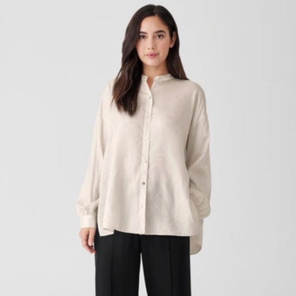 Eileen Fisher Band Collar Longline Boxy Silk Shirt NWT Large - Picture 2 of 6